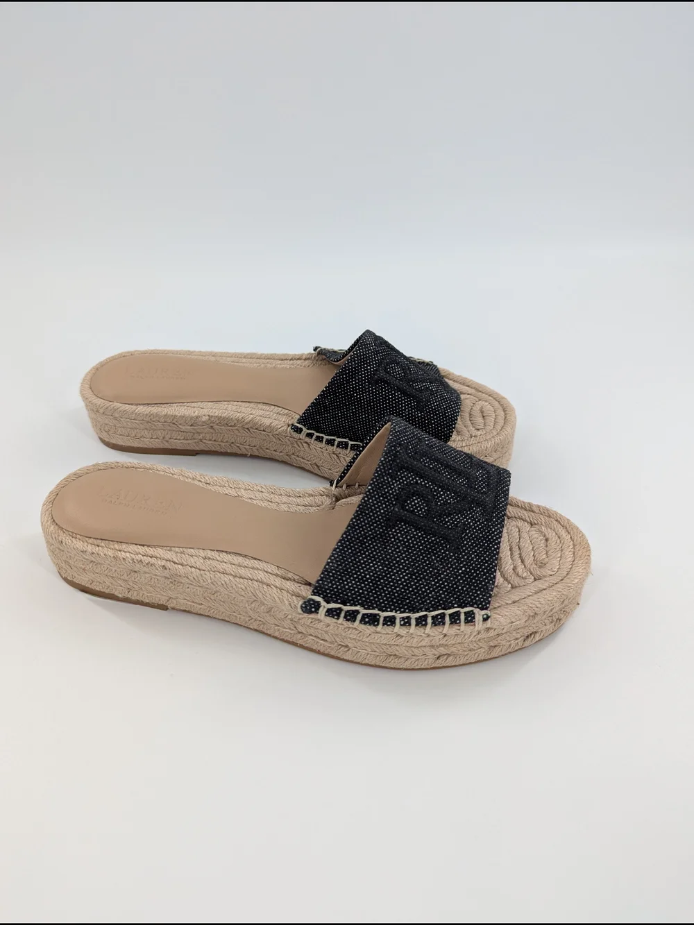Ralph Lauren Polly Denim Espadrille Slides Blue Monogram Jute Platform Sandals 7